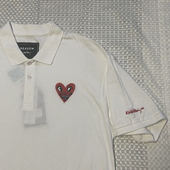 Reason Clothing Keith Haring Embroidered Heart Polo Shirt White Men Lrg New Tag - Picture 2 of 11